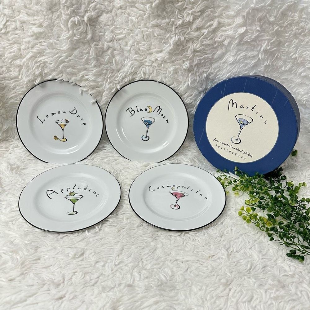 Pottery Barn Martini  8"‎  Cocktail Appetizer Dessert Tapas Plate Set of 4 NEW